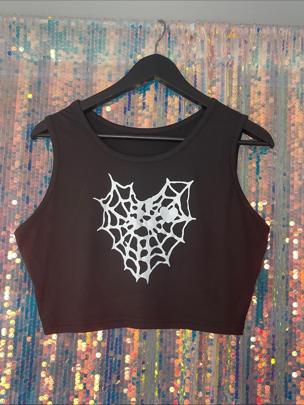 Black Crop Tank with White Spiderweb Heart Graphic